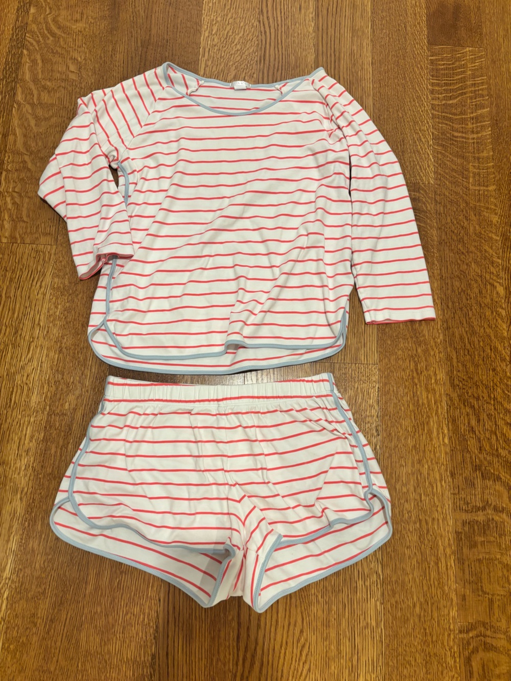 Lake short long pajamas small S red white stripes with pale blue trim $104